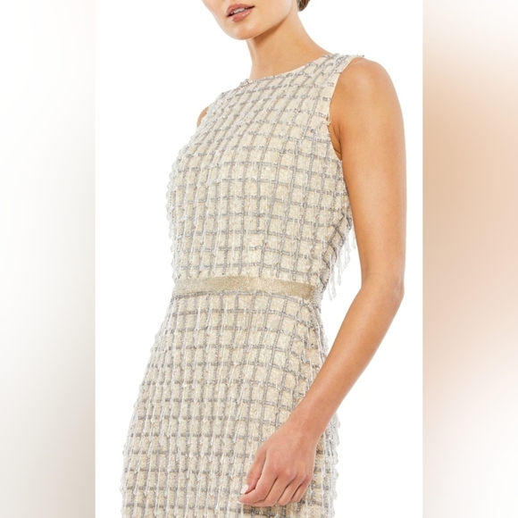 MAC DUGGAL NUDE SLEEVELESS HIGH NECK BEADED MIDI SHEATH DRESS 8 NWOT - Picture 2 of 13
